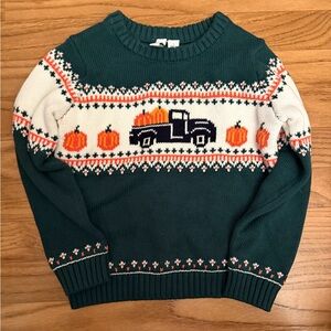NWOT 3T Janie and Jack Pumpkin and Pickup Truck Fair Isle Fall Sweater Green